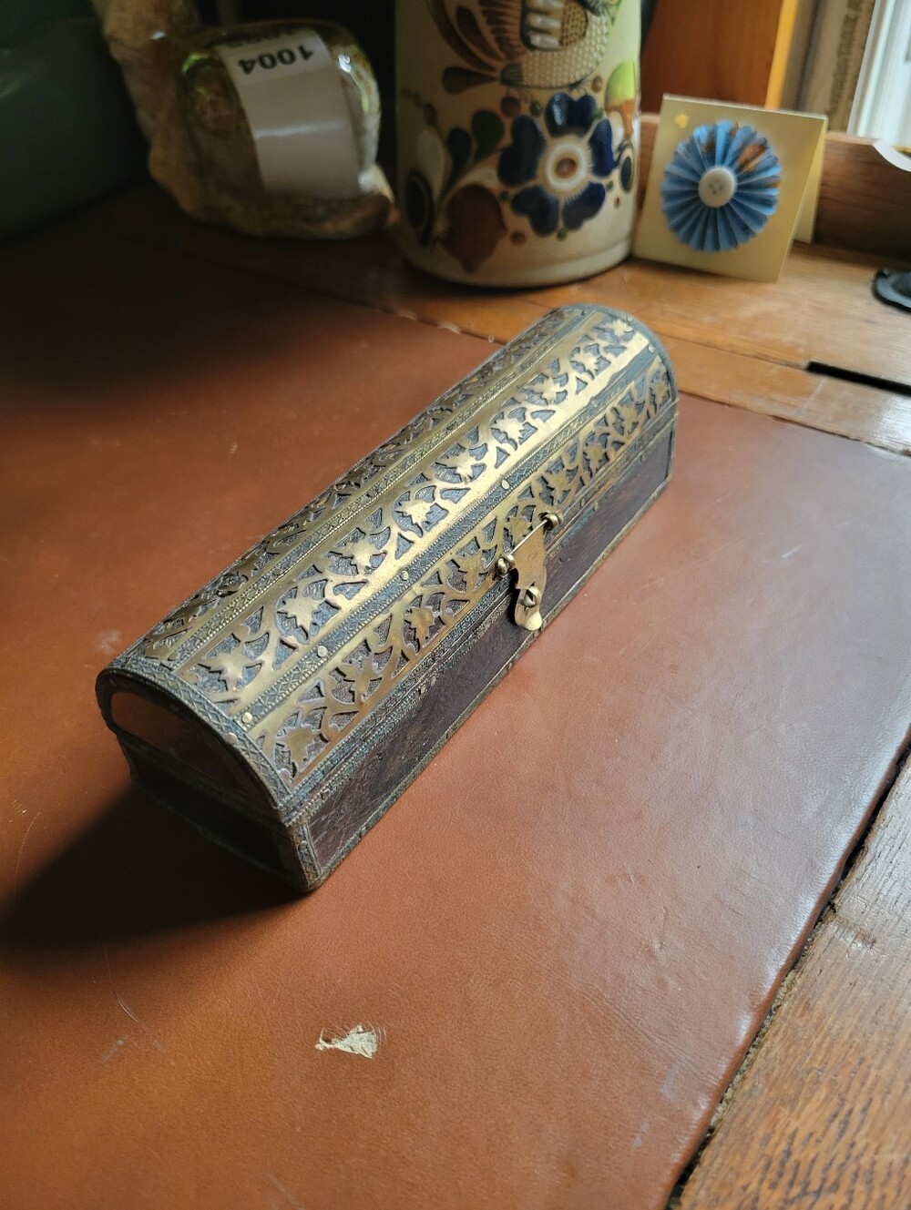 Vtg Pierced Brass Eastern Wooden Box Qualamdan Pen Box 7 inch India